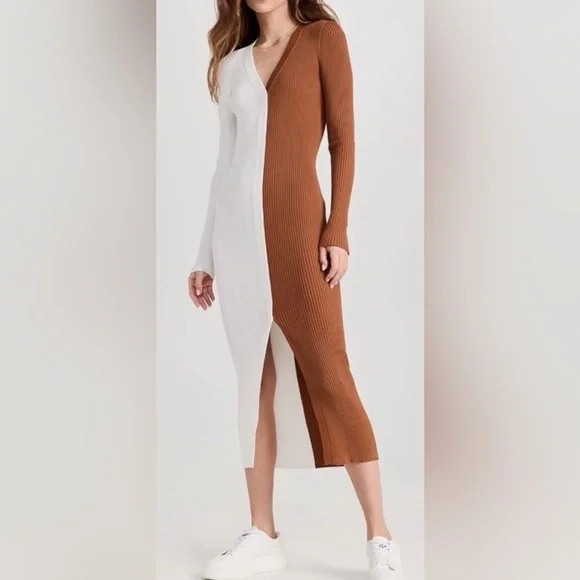 STAUD Two-Tone White and Brown sweaterDress